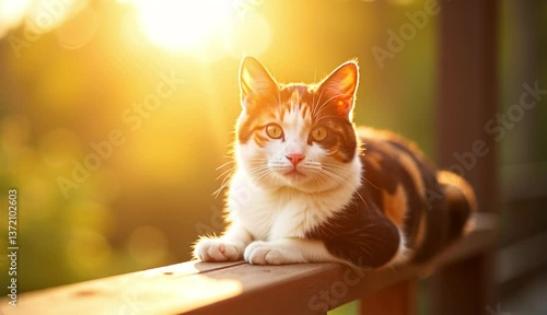 Beautiful a calico cat lounging on a wooden railing in a sunlit garden. Ai Generative Video