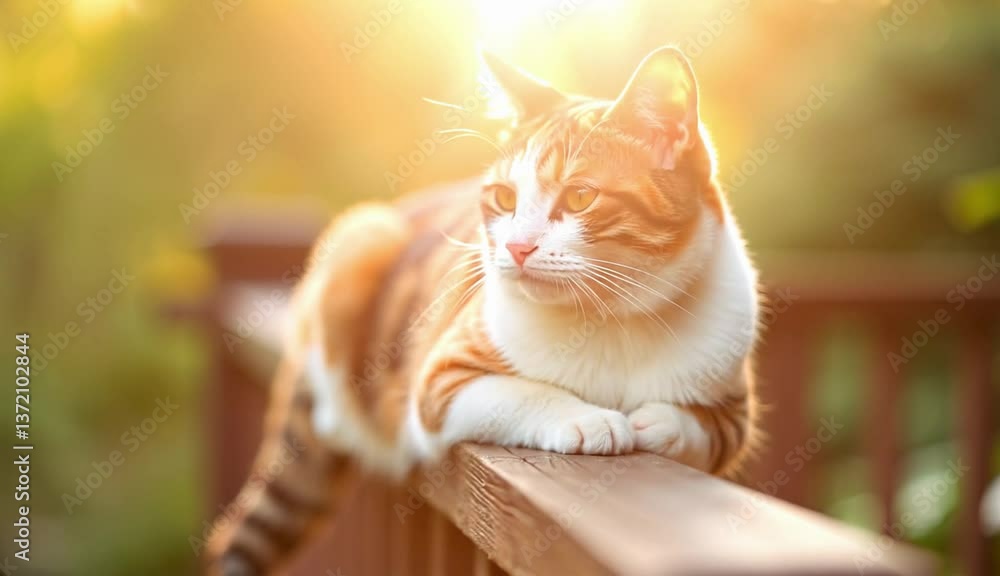 Beautiful a calico cat lounging on a wooden railing in a sunlit garden ...
