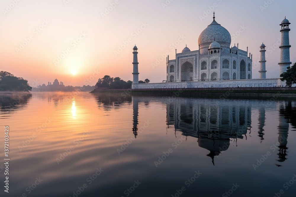 Obraz premium Majestic taj mahal at sunrise agra india photography serene reflection famous landmarks in soft pink sky