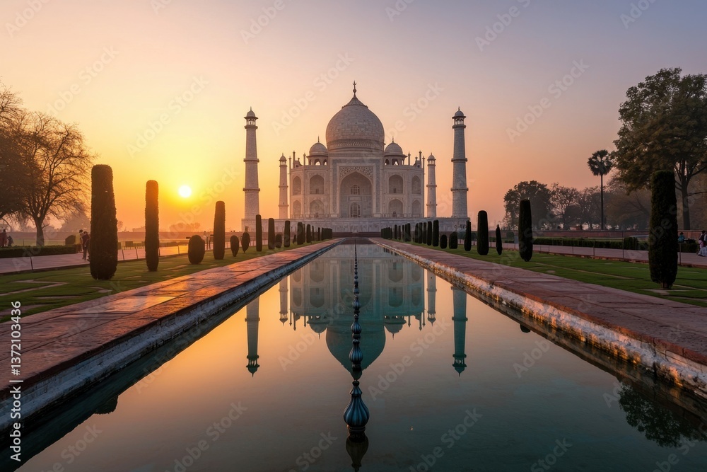 Obraz premium Majestic taj mahal at sunrise agra india captivating reflection in water soft pastel hues famous landmarks set against tranquil morning environment