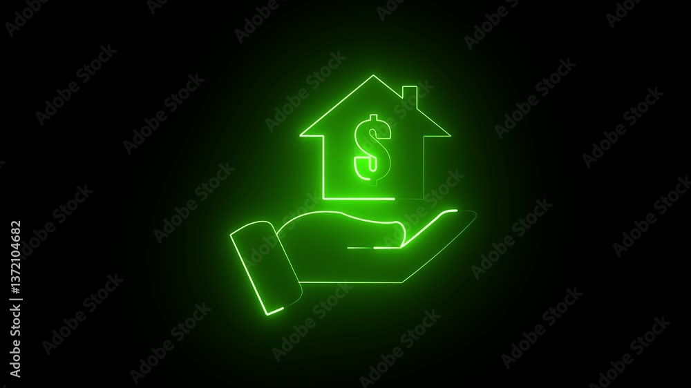 glowing neon Home icon with dollar sing. dollar sing with house icon animation on black background. glowing neon Home icon with dollar sing. dollar sing with house icon animation on black background.