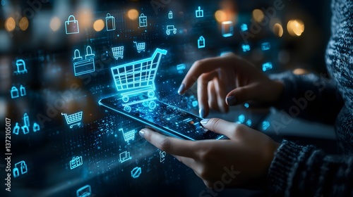 E-commerce shopping experience online retail mobile interaction digital environment close-up view modern technology