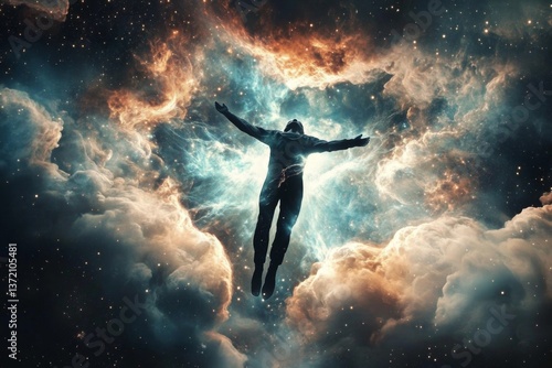 Wallpaper Mural Surreal floating person in deep space with bright blue nebula, swirling clouds, and dreamlike atmosphere Torontodigital.ca