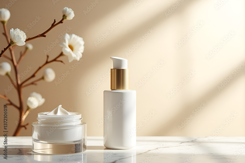 A premium skincare product mock-up with a blank glass cosmetic cream jar and a moisture cream bottle, placed on a marble surface. Soft gold accents and diffused lighting create a luxurious, high-end A premium skincare product mock-up with a blank glass cosmetic cream jar and a moisture cream bottle, placed on a marble surface. Soft gold accents and diffused lighting create a luxurious, high-end