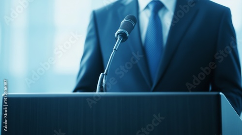 Serious politician speaking at press conference podium with microphone, intense expression during public speech, political leader addressing media, government official making statement