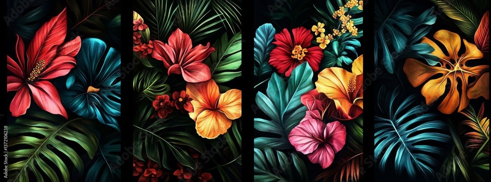 Fototapeta premium Tropical Plant and Flower Collage in Grid Pattern with Colorful Textures - Four Unique Illustrations in One Image