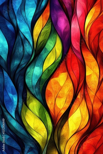 Vibrant abstract digital art with colorful shapes in wave pattern on black background, resembling stained glass window