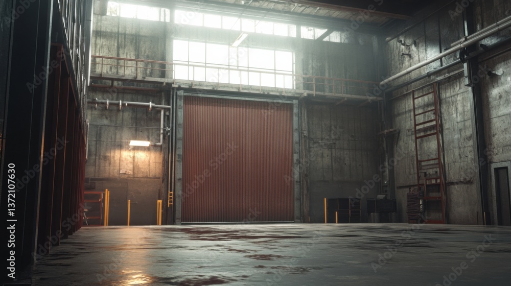 a large industrial building with a red door a large industrial building with a red door