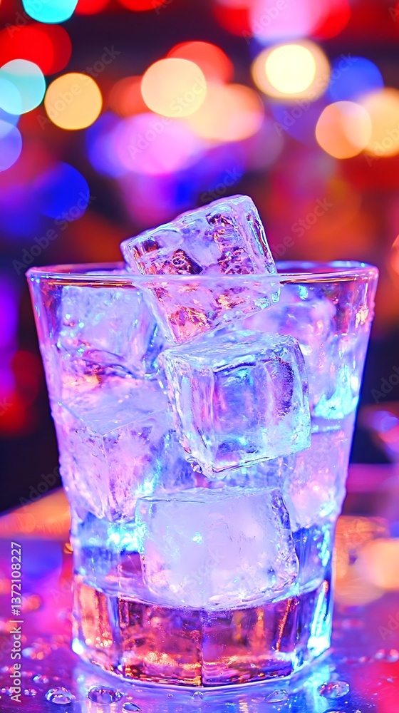 A glass filled with ice cubes with colorful background lights A glass filled with ice cubes with colorful background lights