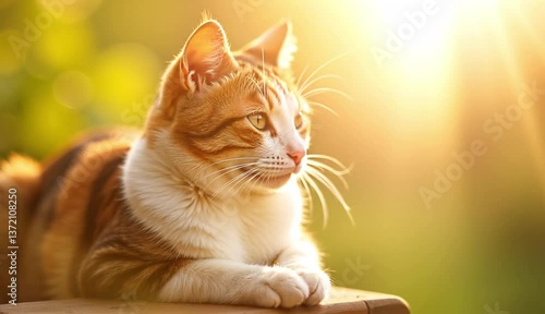 A calico cat lounging on a wooden railing in a sunlit garden. Ai Generative Video