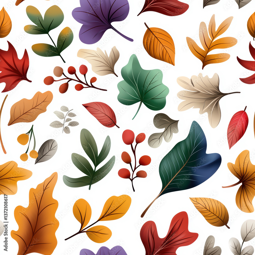Fototapeta premium Vibrant seamless pattern featuring various colorful leaves shades of green, red, orange, and purple creating lively atmosphere