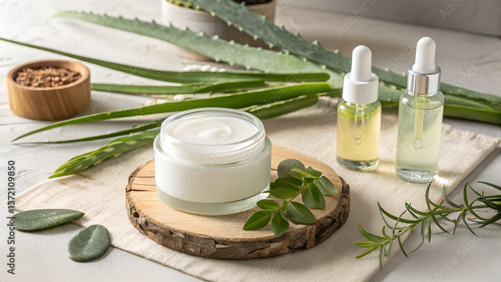 A natural skincare product mock-up featuring a blank glass cream jar and a moisture cream bottle, surrounded by fresh botanical elements like aloe vera, green leaves, and essential oils. The setting A natural skincare product mock-up featuring a blank glass cream jar and a moisture cream bottle, surrounded by fresh botanical elements like aloe vera, green leaves, and essential oils. The setting