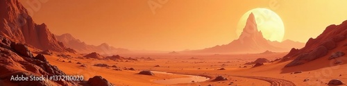 Mars surface with futuristic structures in the distance, Equirectangular, HDRI, planet