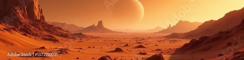 Mars surface with futuristic structures in the distance, Equirectangular, terrain