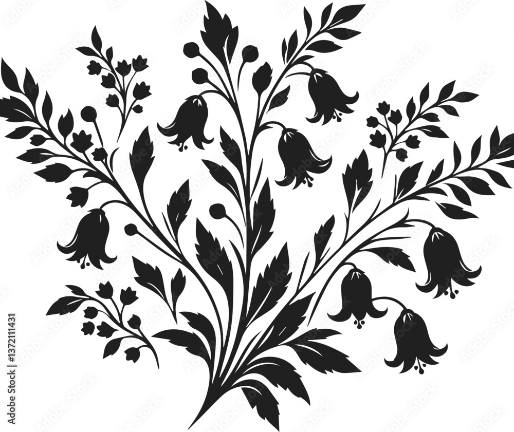 A Elegant black Minimalist drawing of flowers with leaves, flower silhouette vector illustration A Elegant black Minimalist drawing of flowers with leaves, flower silhouette vector illustration