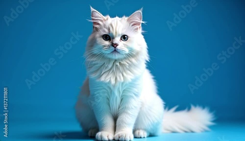 A fluffy white young cat with magic Blue eyes,  kitten sits gracefully against a vibrant turquoise background. Ai Generative Video