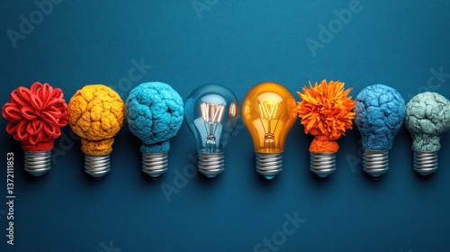 Colorful lightbulbs with textures on blue background, one lit, showing diverse ideas