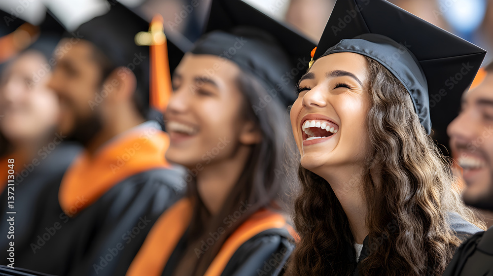 Obraz premium Female graduate laughing with classmates in cap and gown, celebrating achievement and joy of graduation. Great for school ads and education-themed visuals. Selective focus