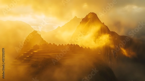 A magical sunrise at Machu Picchu, Peru, with golden light illuminating the ancient Incan ruins nestled in the Andes Mountains