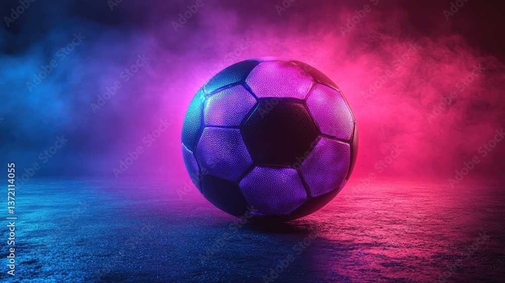 Fototapeta premium Abstract 3D Rendered Logo of a Glowing Soccer Ball with Blue and Purple Gradients on Dark Background, Symbolizing Dynamic Sports Energy and Modern Design 