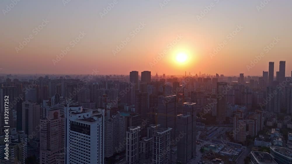 4K Real Time Aerial view of Shanghai skyline at sunrise. 4K Real Time Aerial view of Shanghai skyline at sunrise.