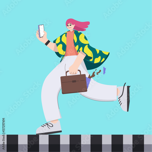 Vector Illustration of a Woman Running with Phone and Briefcase