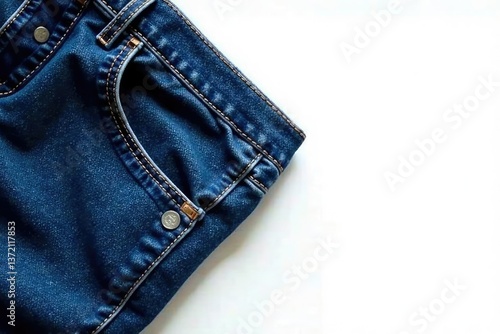 Classic blue denim jeans, crisply folded on white , blue, fly