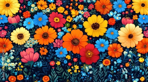 Colorful floral background on dark backdrop, dense blooms