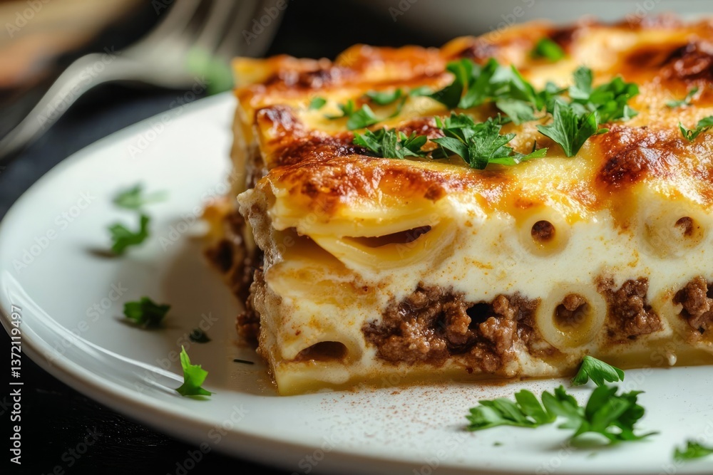 A close-up shot shows a portion of baked pasta, featuring layers of pasta, ground meat, and a creamy white sauce, topped with browned cheese and fresh parsley. Served on a white plate A close-up shot shows a portion of baked pasta, featuring layers of pasta, ground meat, and a creamy white sauce, topped with browned cheese and fresh parsley. Served on a white plate