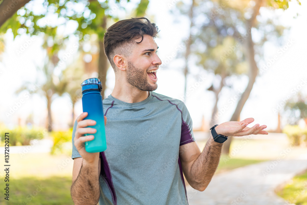 Young handsome sport man with a bottle of water at outdoors with surprise facial expression Young handsome sport man with a bottle of water at outdoors with surprise facial expression