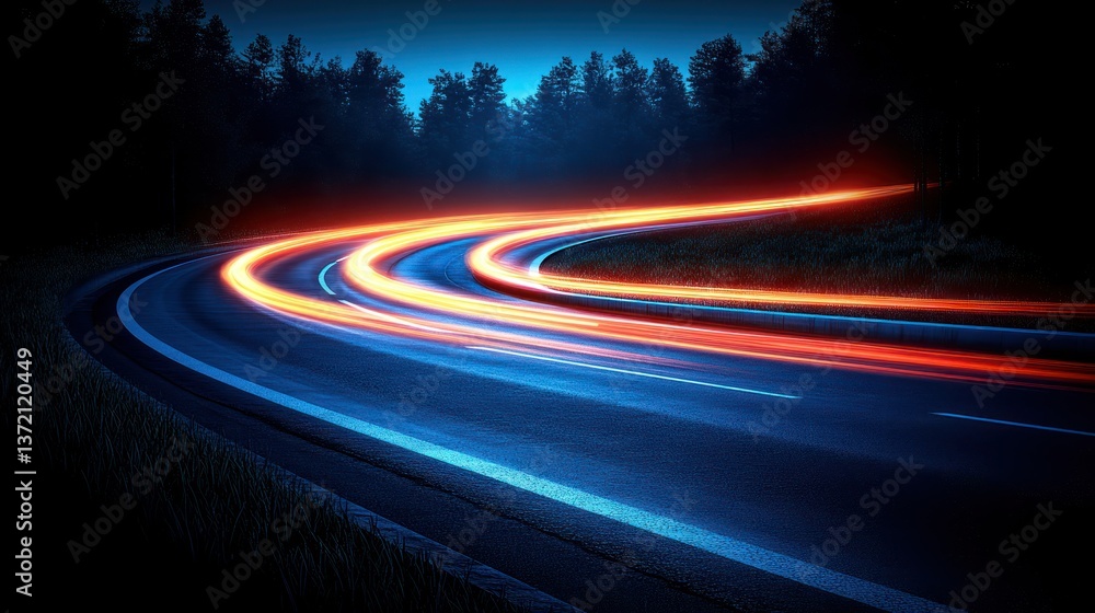 Night road curve, light trails, forest backdrop, speed, motion Night road curve, light trails, forest backdrop, speed, motion