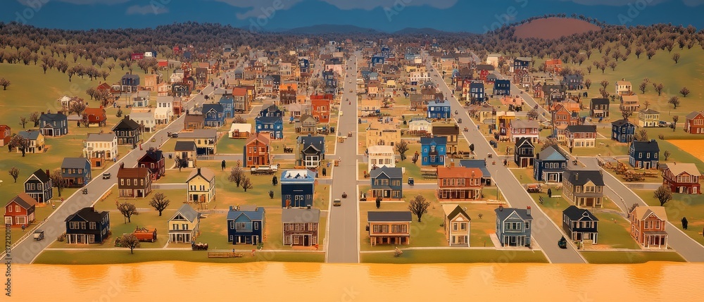 Obraz premium Aerial view of a suburban neighborhood with houses, trees, roads, and a horizon line