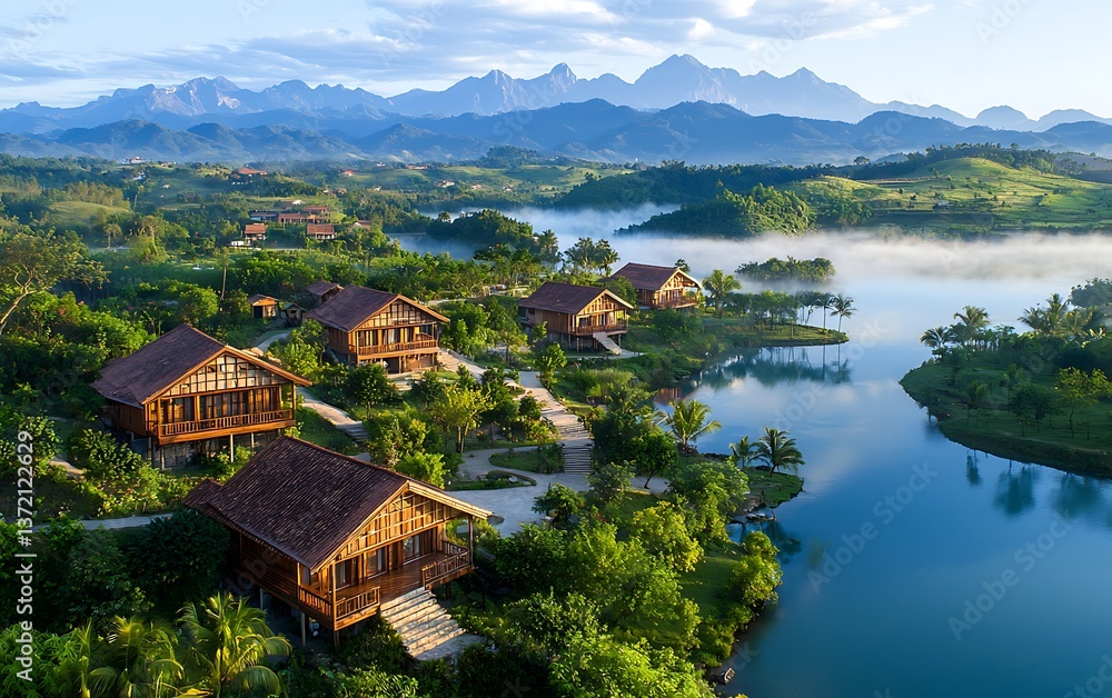 Fototapeta premium Mountain lake cabins with sunrise view.