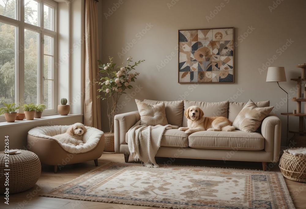 Obraz premium Cozy Living Room with Two Adorable Dogs Relaxing on Beige Sofa and Dog Bed