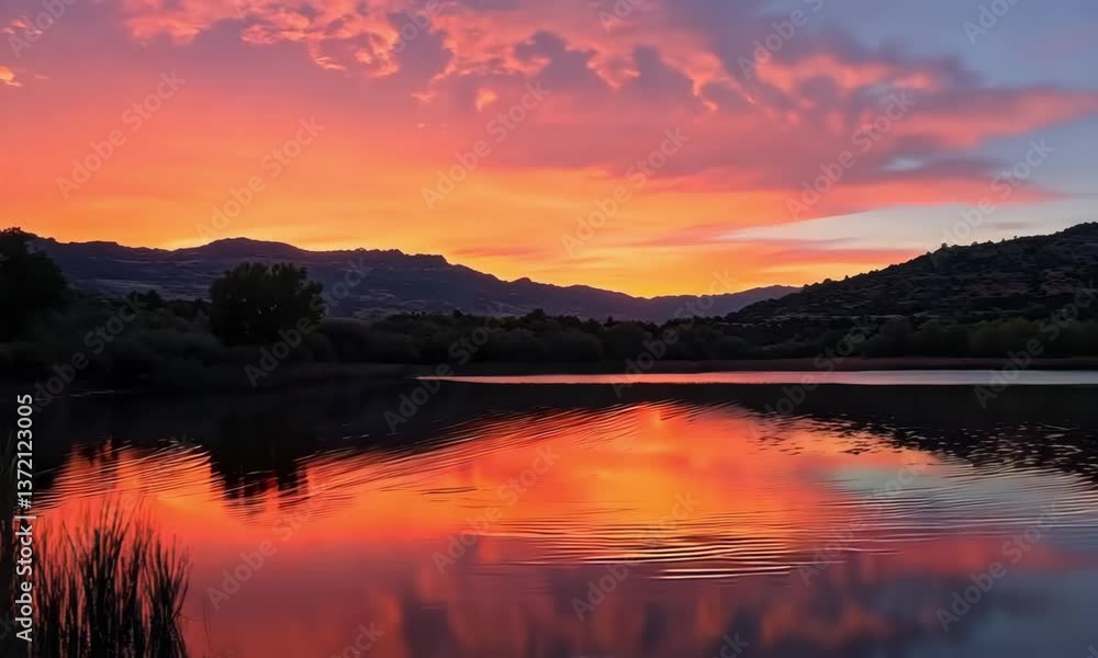 Sunset over a lake with mountain reflections Sunset over a lake with mountain reflections