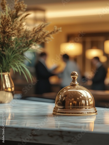 Service bell on a counter in a luxury hotel lobby for customer hotel welcome service. Reception desk with bell for call service. Concierge assistance at resort