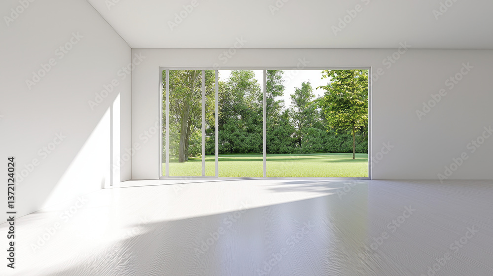 Fototapeta premium bright and airy minimalist living room featuring large windows that open to lush green patio, creating serene atmosphere