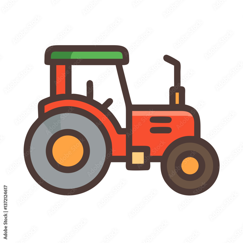 Obraz premium Red tractor icon with brown wheels in cartoon flat style