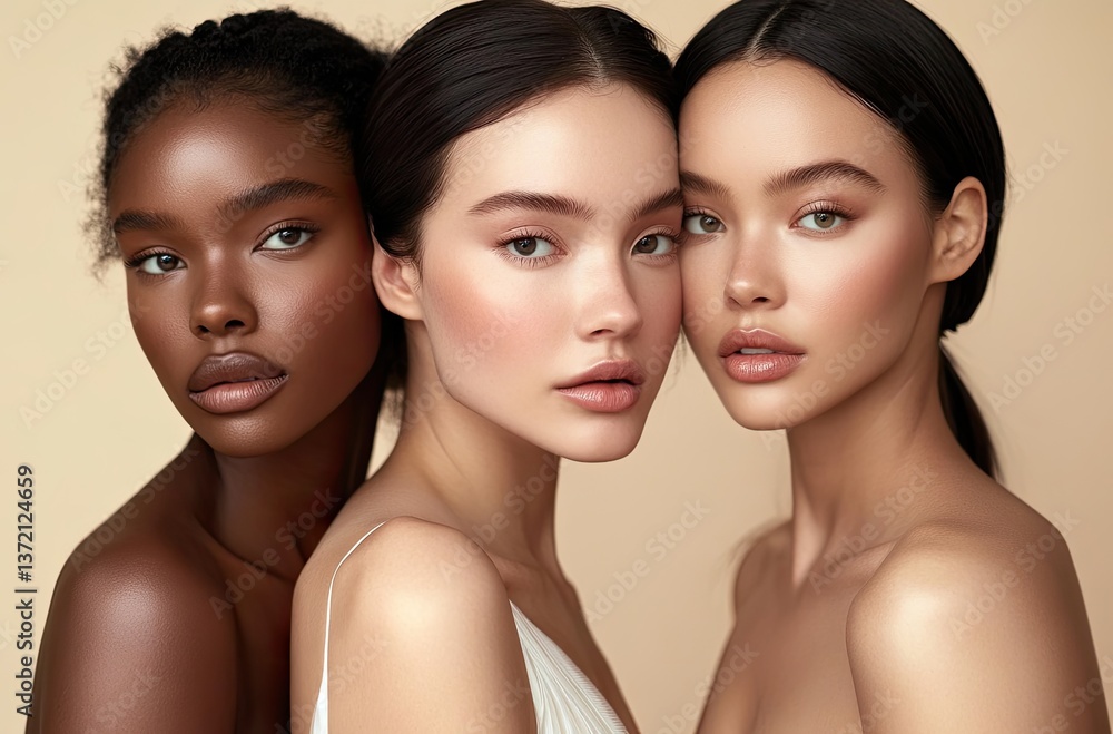 Three models of diverse ethnicities for beauty product marketing, wearing white dresses against a beige background Three models of diverse ethnicities for beauty product marketing, wearing white dresses against a beige background