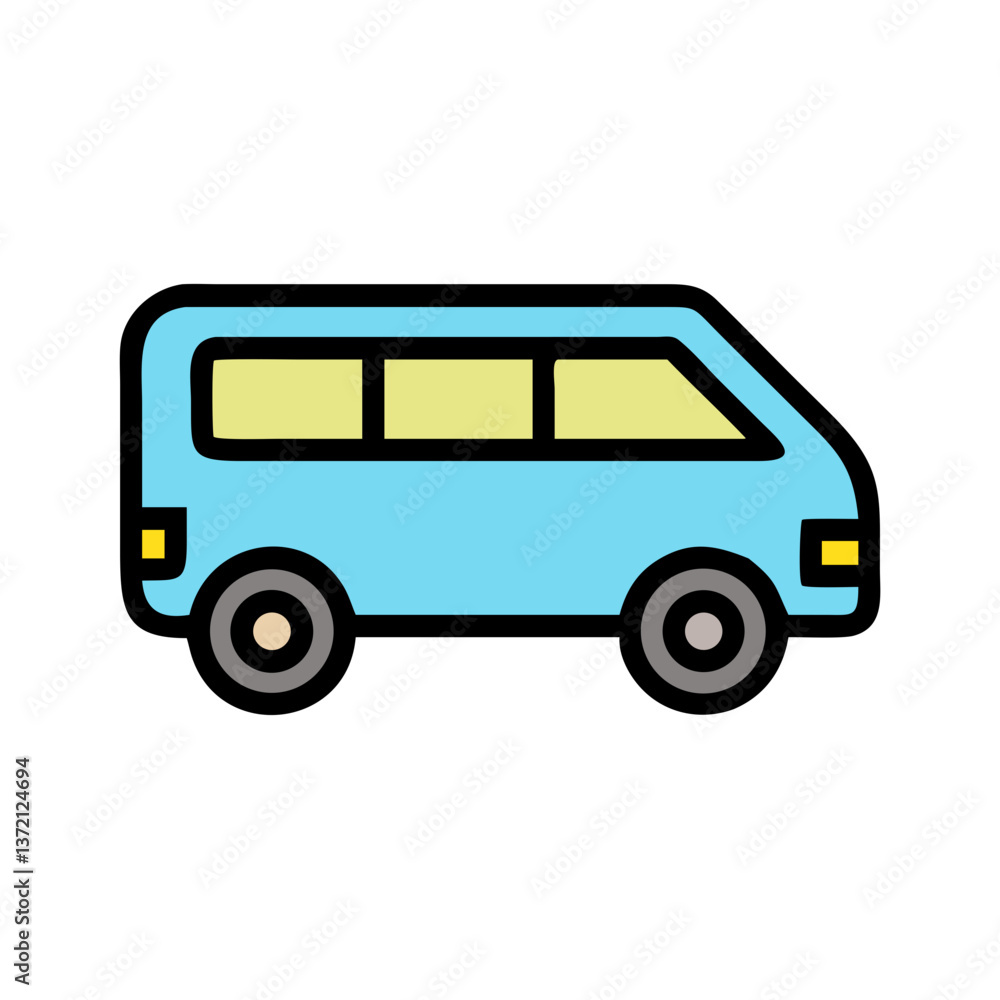 Blue passenger minibus icon in cartoon flat style Blue passenger minibus icon in cartoon flat style