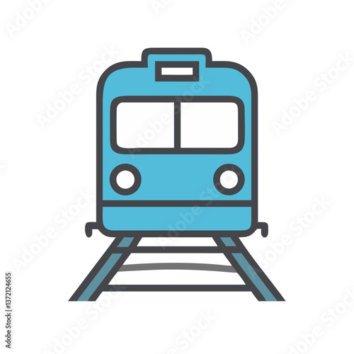 Blue subway train icon on railway tracks in flat style