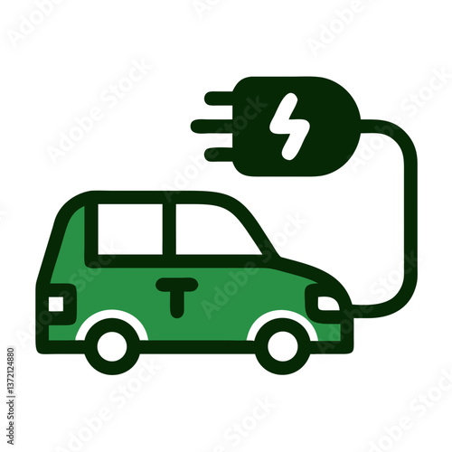 Green electric taxi icon with charging cable in flat style