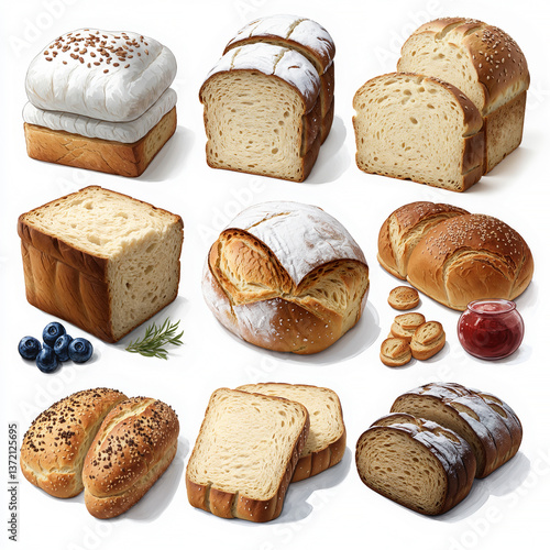Illustration of freshly baked pieces of bread in delicious variety, isolated on white. Suits for tasty icons, appetizing mockups, stylish backgrounds, or social media and design projects.
