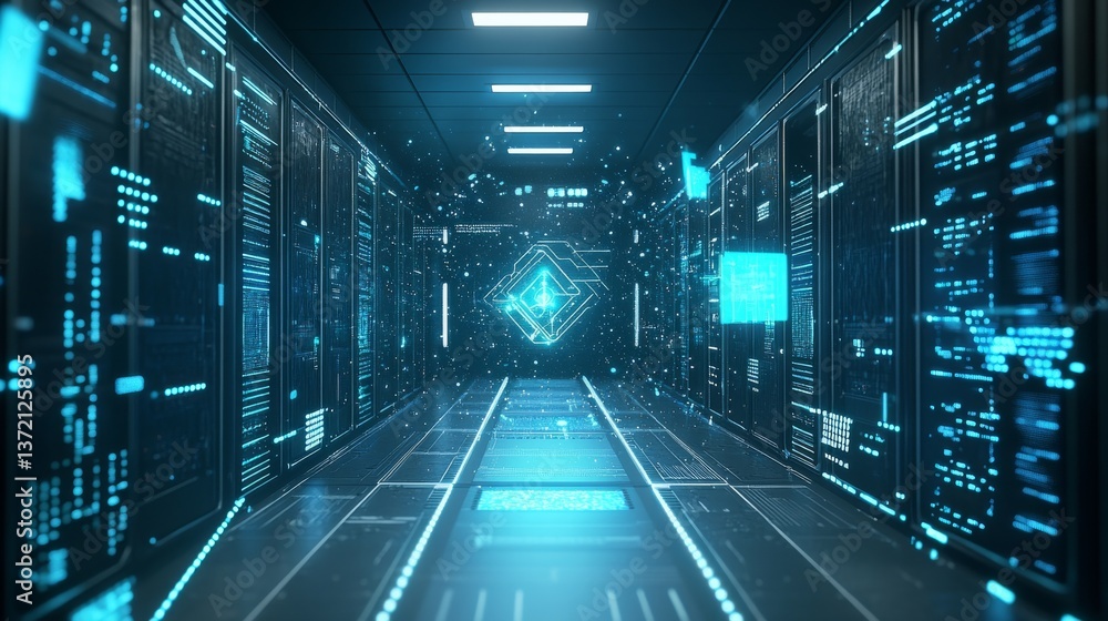 Fototapeta premium A futuristic AI powered cybersecurity system, monitoring digital threats in a high-tech data center, modern tech facility