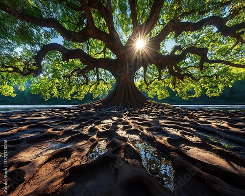 A massive ancient tree displays its roots and bright sun shining