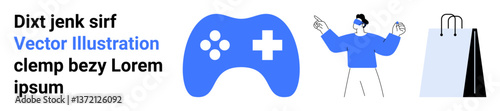 Blue gaming controller, person wearing virtual reality headset, black shopping bag. Ideal for gaming, technology, e-commerce, VR, entertainment, digital marketing simple landing page