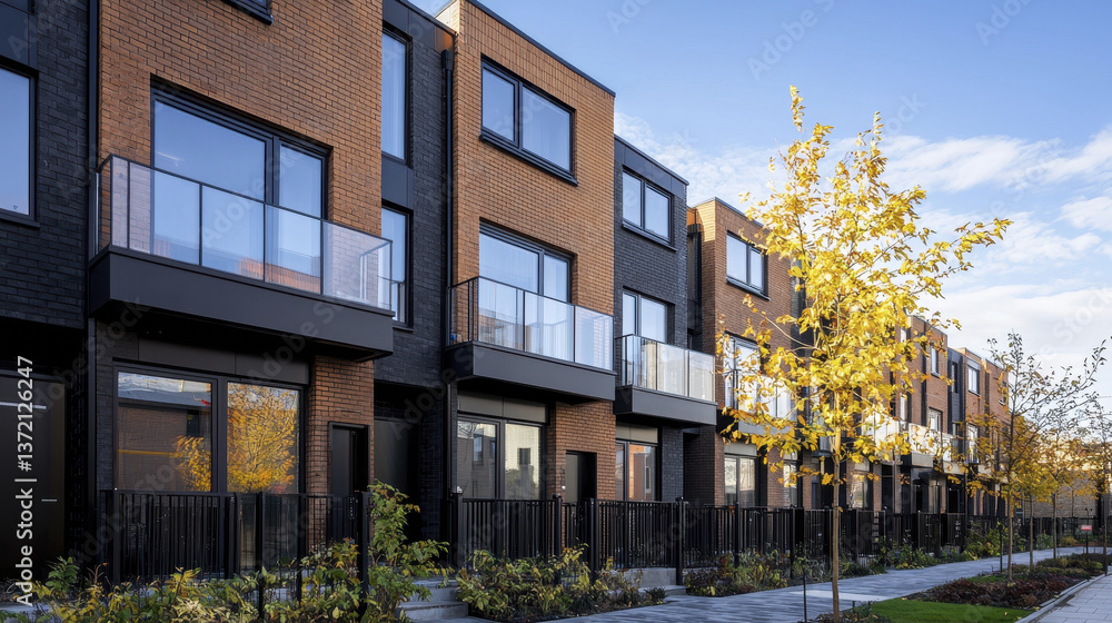 Modern three story residential buildings with large windows and balconies, surrounded by greenery and autumn foliage Modern three story residential buildings with large windows and balconies, surrounded by greenery and autumn foliage