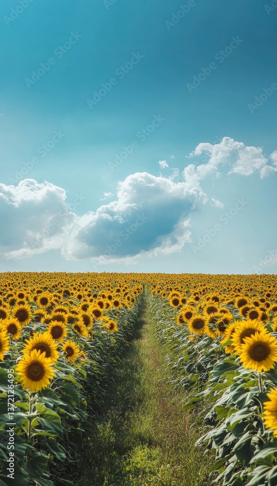 Obraz premium Serene sunflower field extending to the horizon under a clear blue sky with fluffy clouds