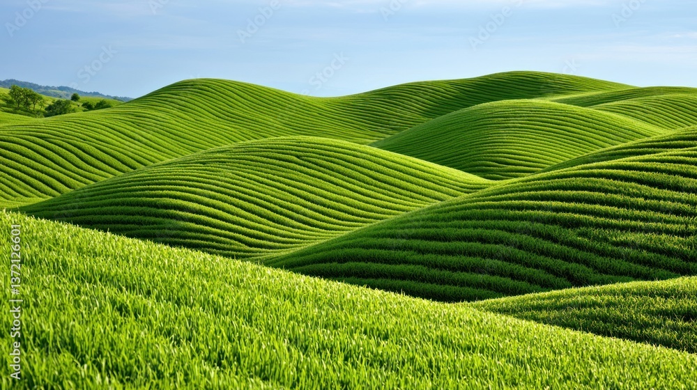 Lush green rolling hills and valleys create a picturesque landscape under a clear blue sky. Lush green rolling hills and valleys create a picturesque landscape under a clear blue sky.
