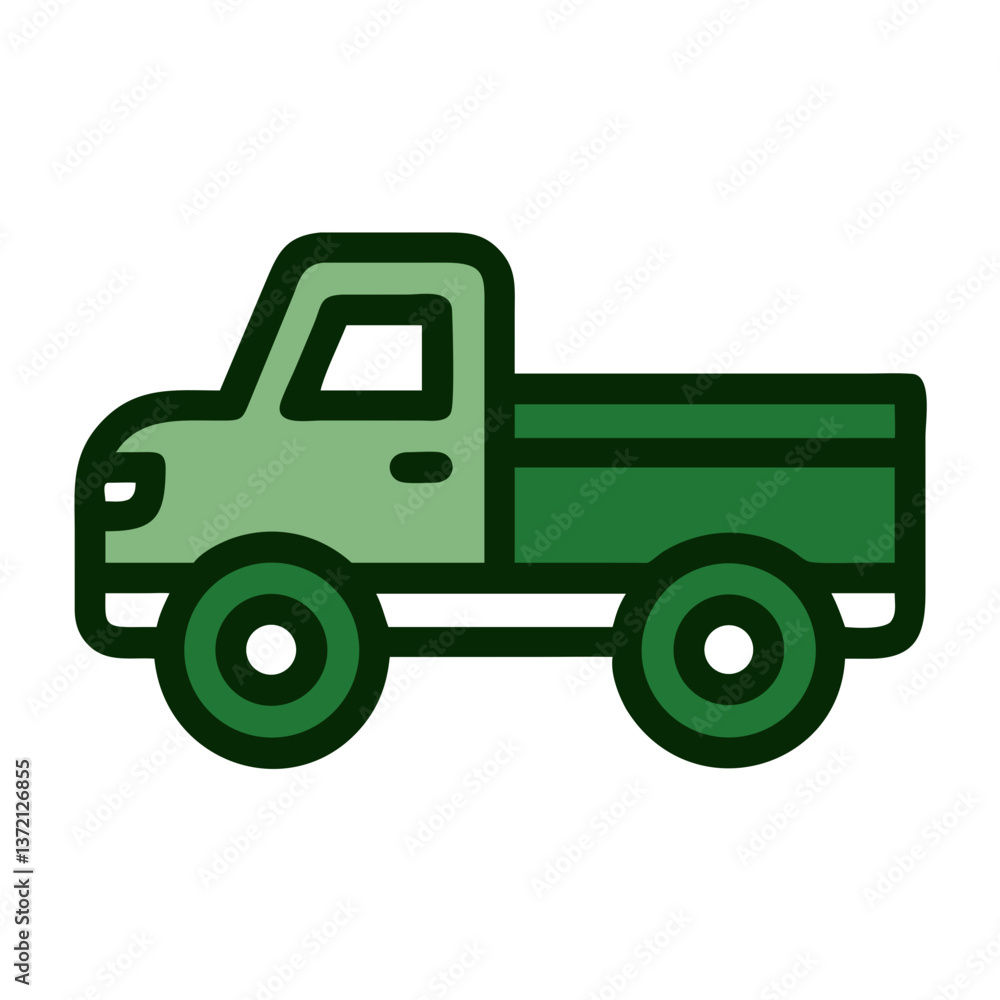 Green pickup truck icon in flat style on white background Green pickup truck icon in flat style on white background